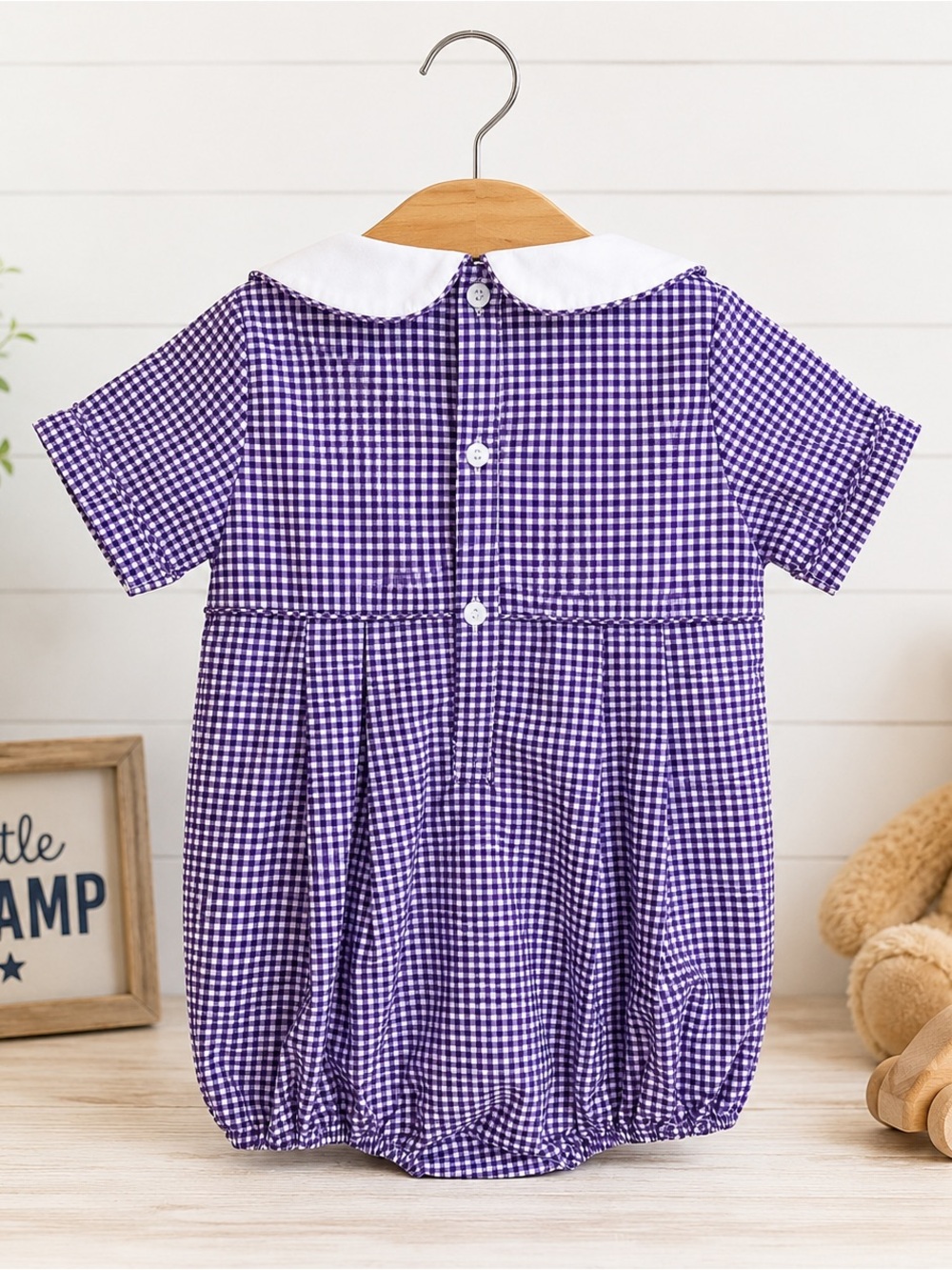 NWT Shop Teeta Purple Gingham Football Noah Bubble Smocked Romper 24M Lined - Picture 2 of 5